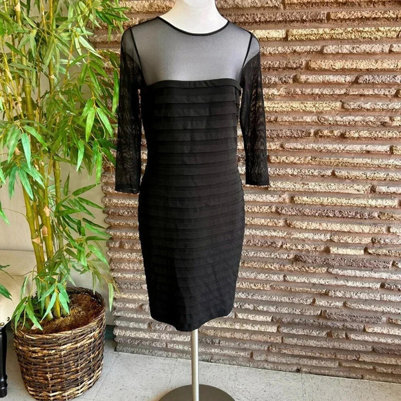 Tadashi Collection Black Illusion Mesh Yoke Pleated Matte Jersey Formal Dress - Picture 9 of 9